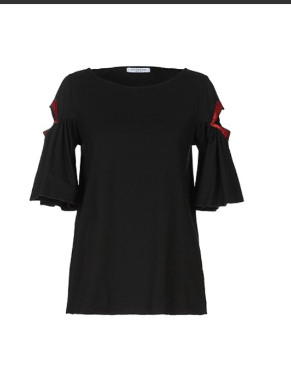 Vivetta Black Short Sleeve Top with Red Lipstick Accent Cutout Sleeve Size 44